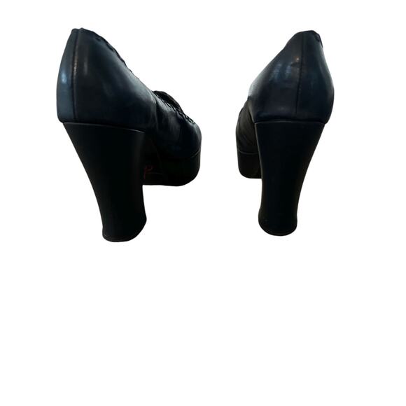 VINTAGE 70'S PATENT LEATHER NAVY PEEK TOE PLATFORMS PUMPS HEELS SZ 6 - Picture 4 of 6